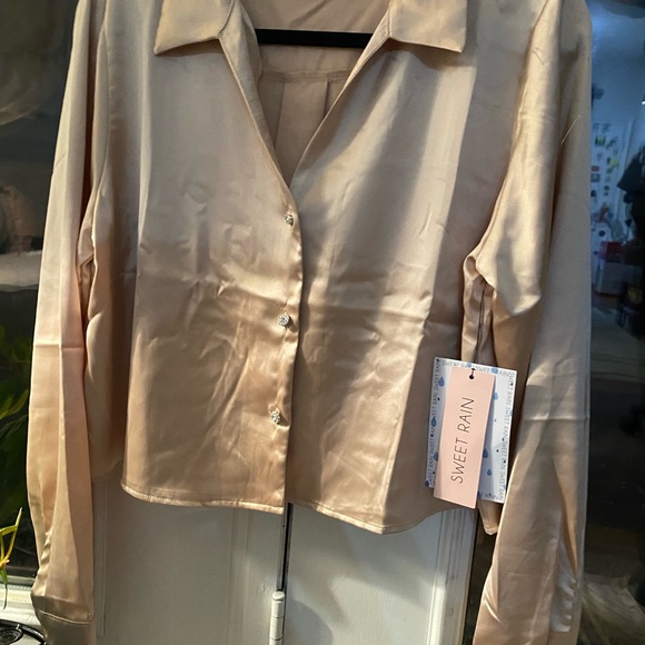 Silky Champagne Blouse with three rhine stone buttons, Size L - Picture 9 of 11